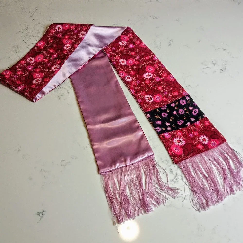 Red Pink Black Floral Fringed Oblong Scarf